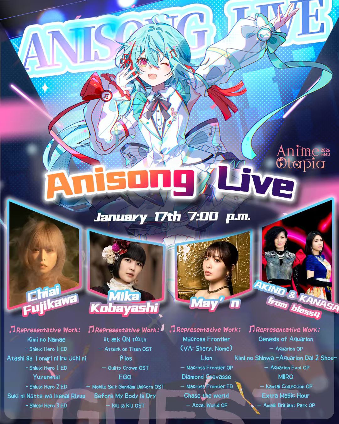 Anisong Live program poster for January 17 at 7:00 p.m., featuring anime-song performers