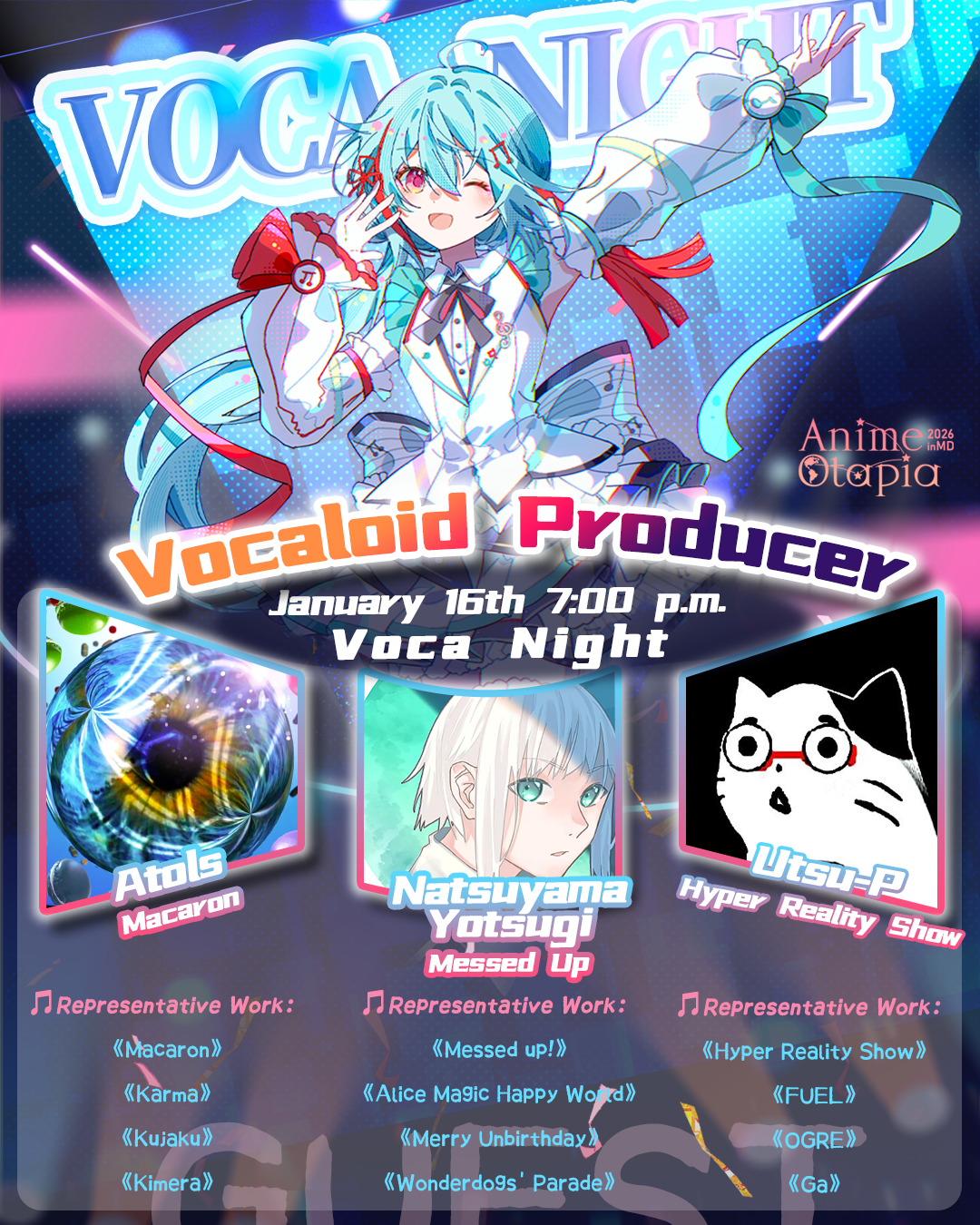 Voca Night program poster for January 16 at 7:00 p.m., featuring Vocaloid producers